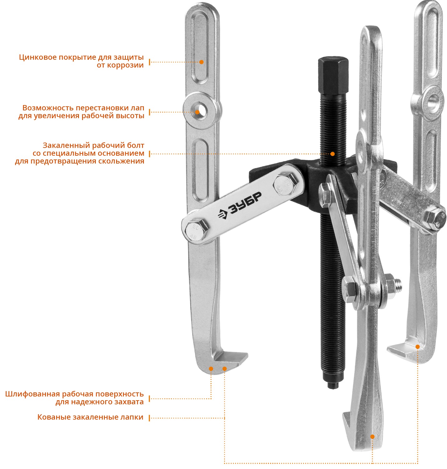 ЗУБР внешний d 40 - 340 мм, внутренний d 40 - 270 мм, шарнирный трехзахватный съемник с удлиненными захватами, Профессионал (43319-275)