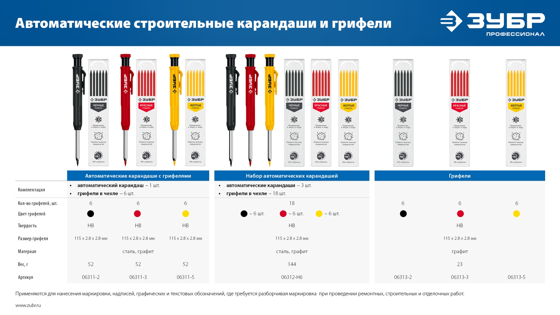 ЗУБР желтые, d 2,8 мм, HB, 6 шт грифели для автоматического карандаша (06313-5)