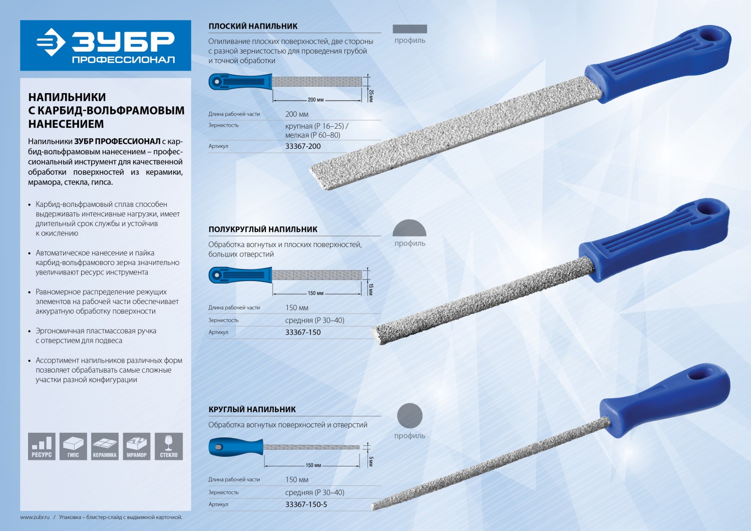 ЗУБР 200 мм, плоский напильник с карбидом вольфрама, Профессионал (33367-200)