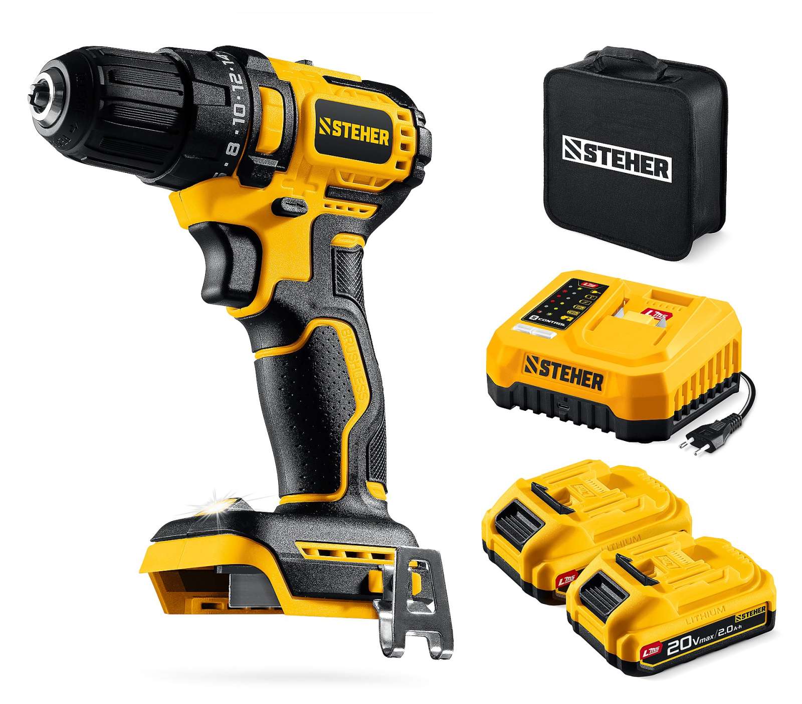 STEHER 20 В, 45 Н·м, 2 АКБ LMS (2 А·ч), бесщеточная дрель-шуруповерт, сумка (CB-45-22)