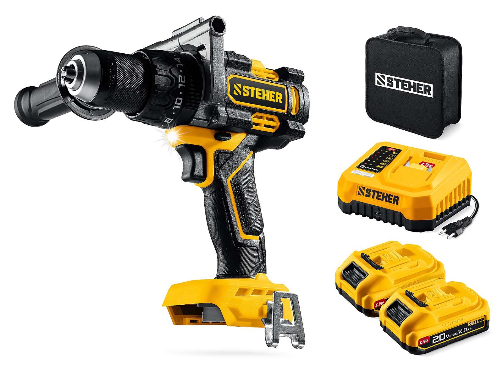 STEHER 20 В, 165 Н·м, 2 АКБ LMS (2 А·ч), бесщеточная ударная дрель-шуруповерт, сумка (CBS-165-22)