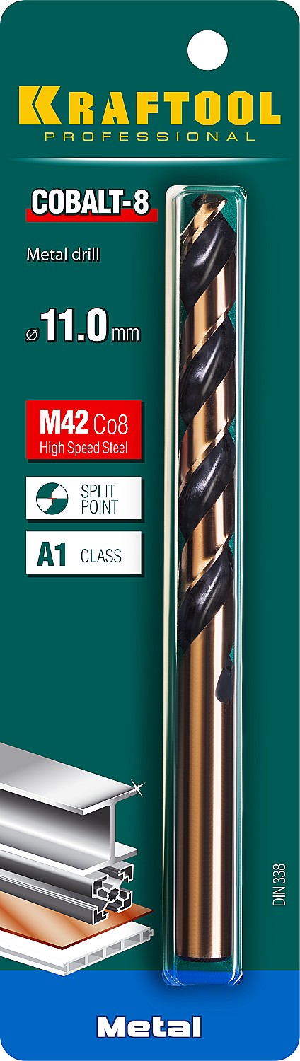 KRAFTOOL COBALT-8, 11.0 х 142 мм, сталь М42, HSS-Co(8%), сверло по металлу (29656-11)