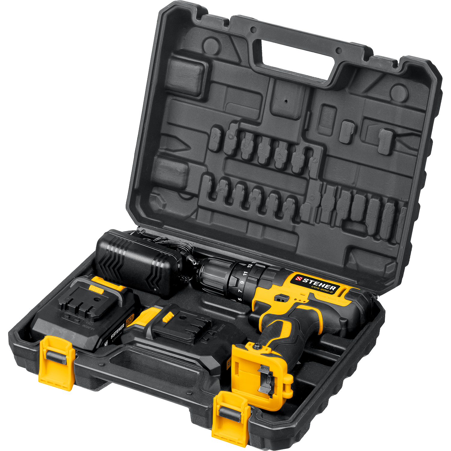 STEHER V1, 20 В, 40 Н·м, 2 АКБ (2 А·ч), ударная дрель-шуруповерт, кейс (CDS-200-2)