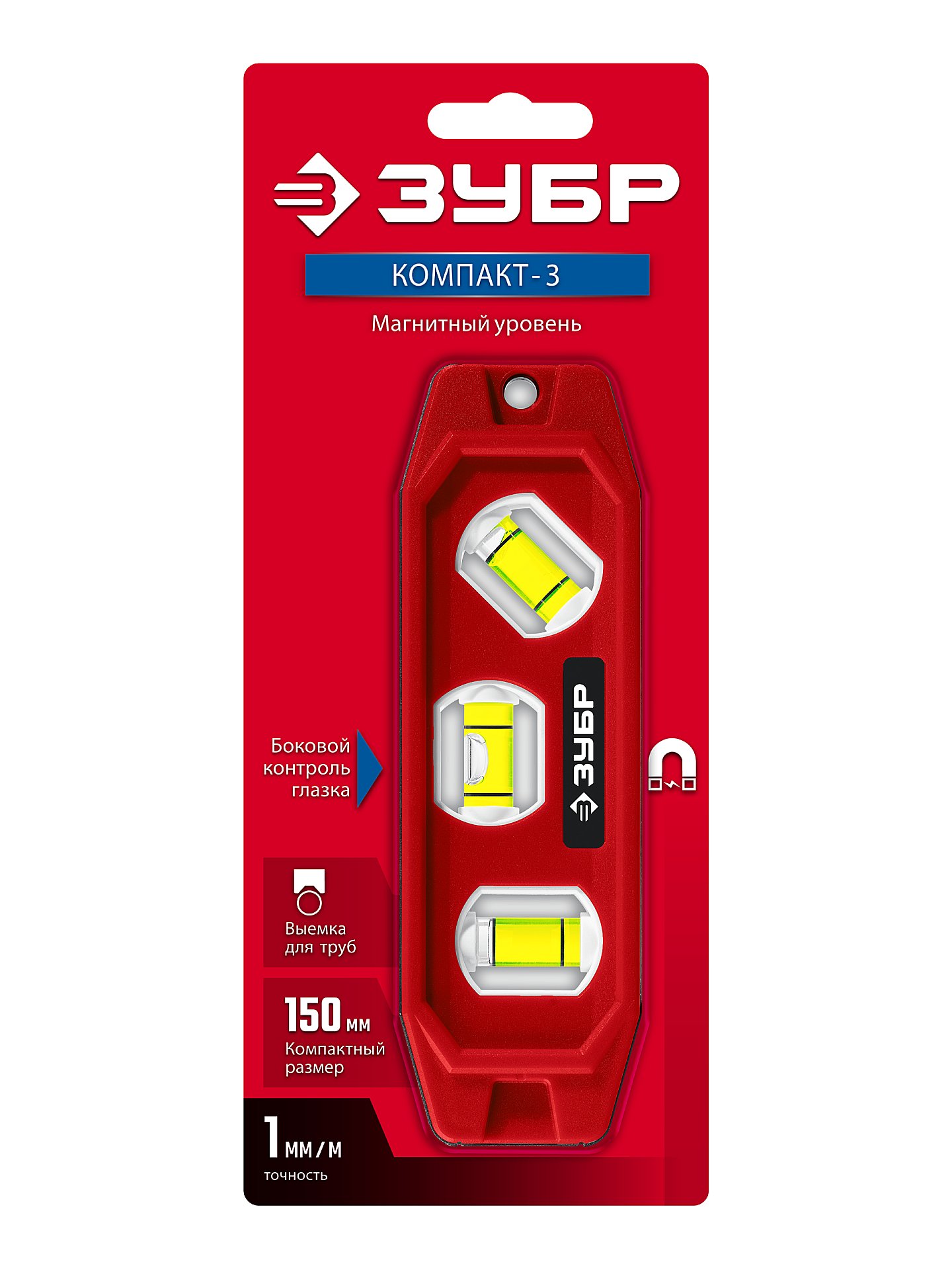 ЗУБР КОМПАКТ-3, 150 мм, пластиковый корпус, компактный магнитный уровень (3452)