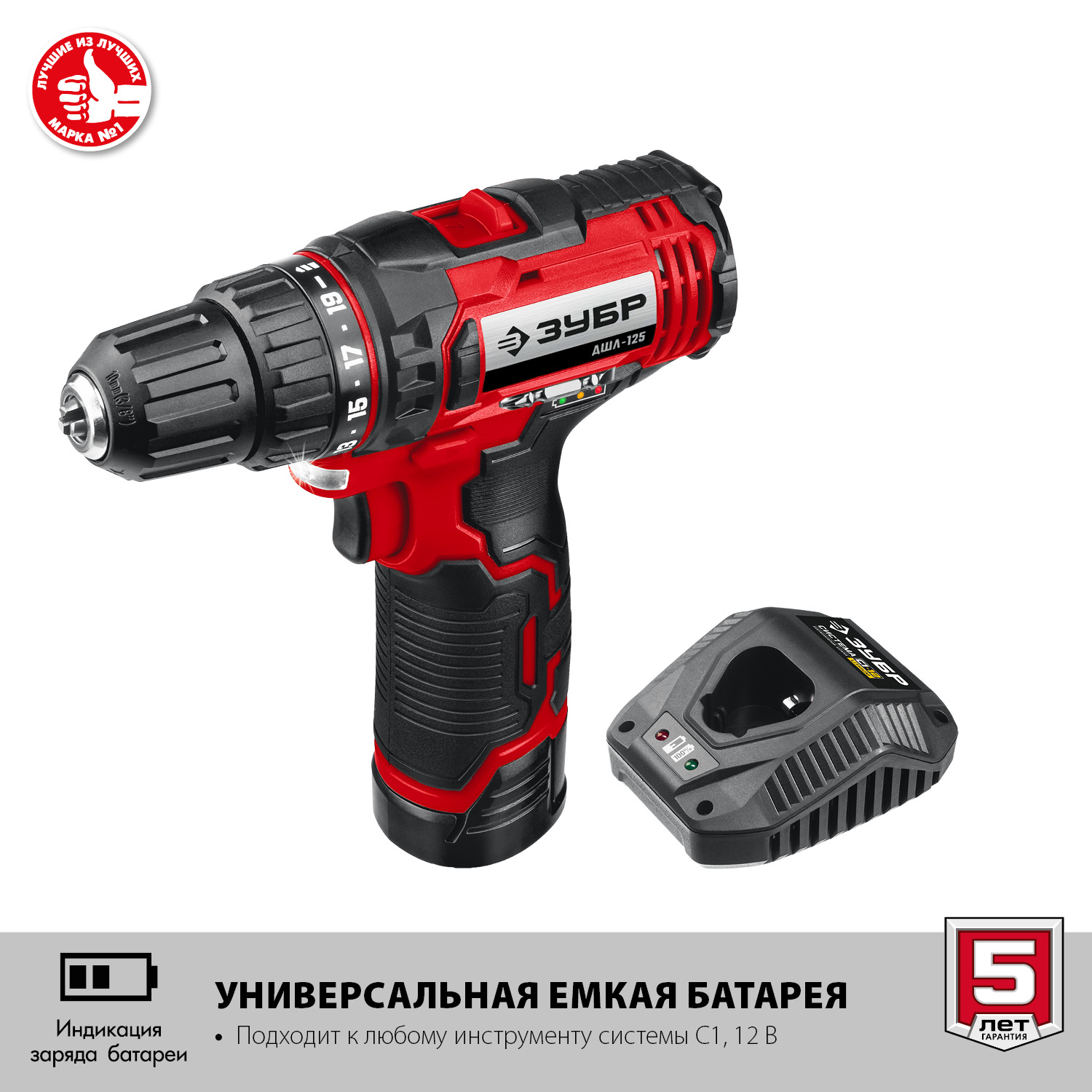 ЗУБР С1-12, 12 В, 30 Н·м, 1 АКБ (2 А·ч), дрель-шуруповерт (ДШЛ-125-21)