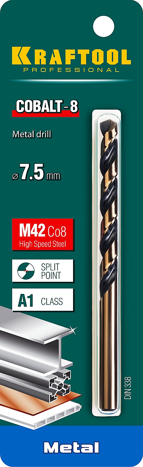 KRAFTOOL COBALT-8, 7.5 х 109 мм, сталь М42, HSS-Co(8%), сверло по металлу (29656-7.5)