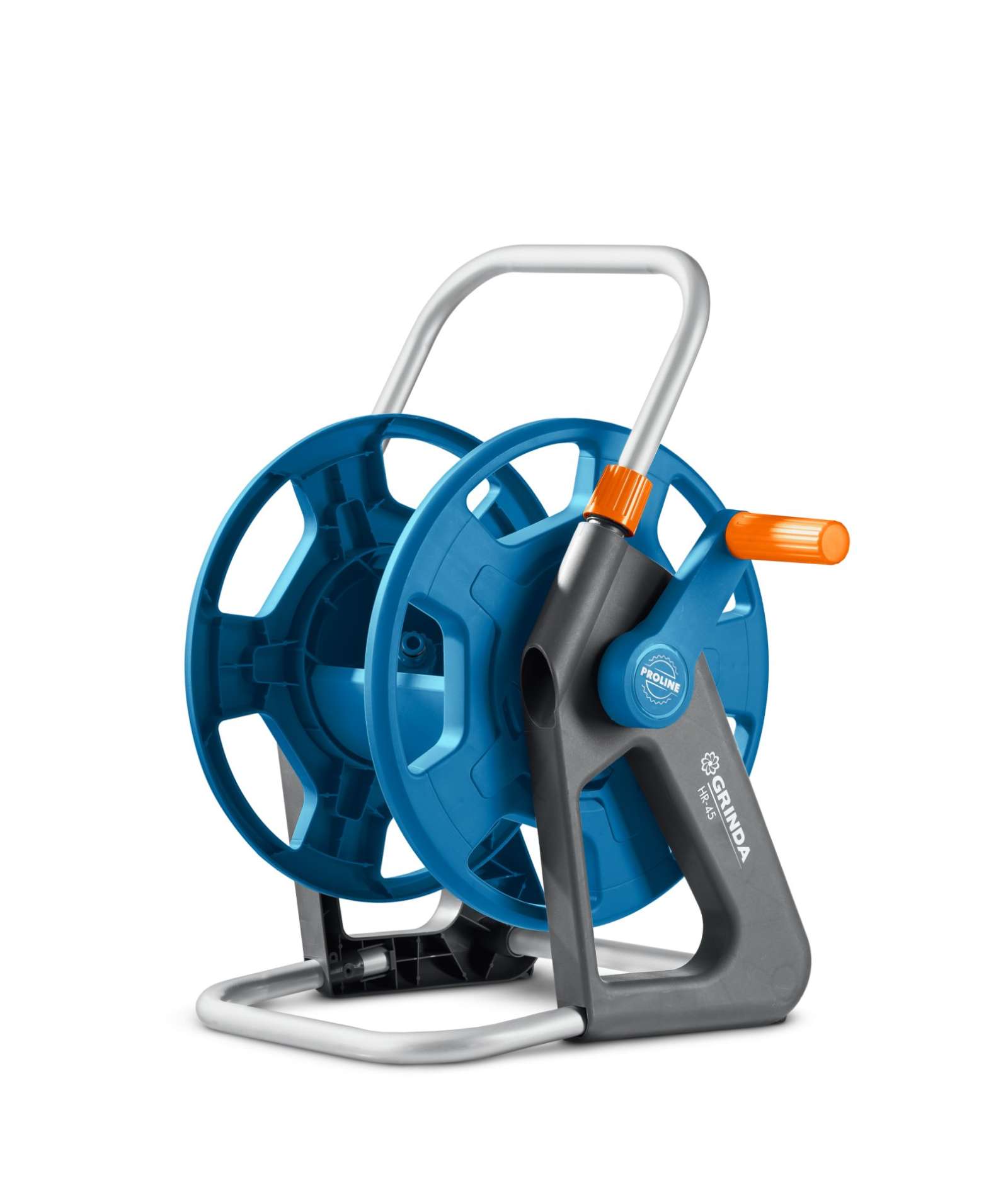 GRINDA HR-45, для шлангов 45м x 1/2″ и 20м х 3/4″, стальные опоры, пластиковый барабан, катушка для шлангов, ProLine (428450)