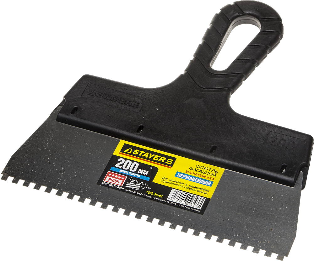 STAYER PROFlat, 200 мм, зуб 4 х 4 мм, пластиковая ручка, зубчатый, нержавеющий фасадный шпатель, Professional (1009-20-04)
