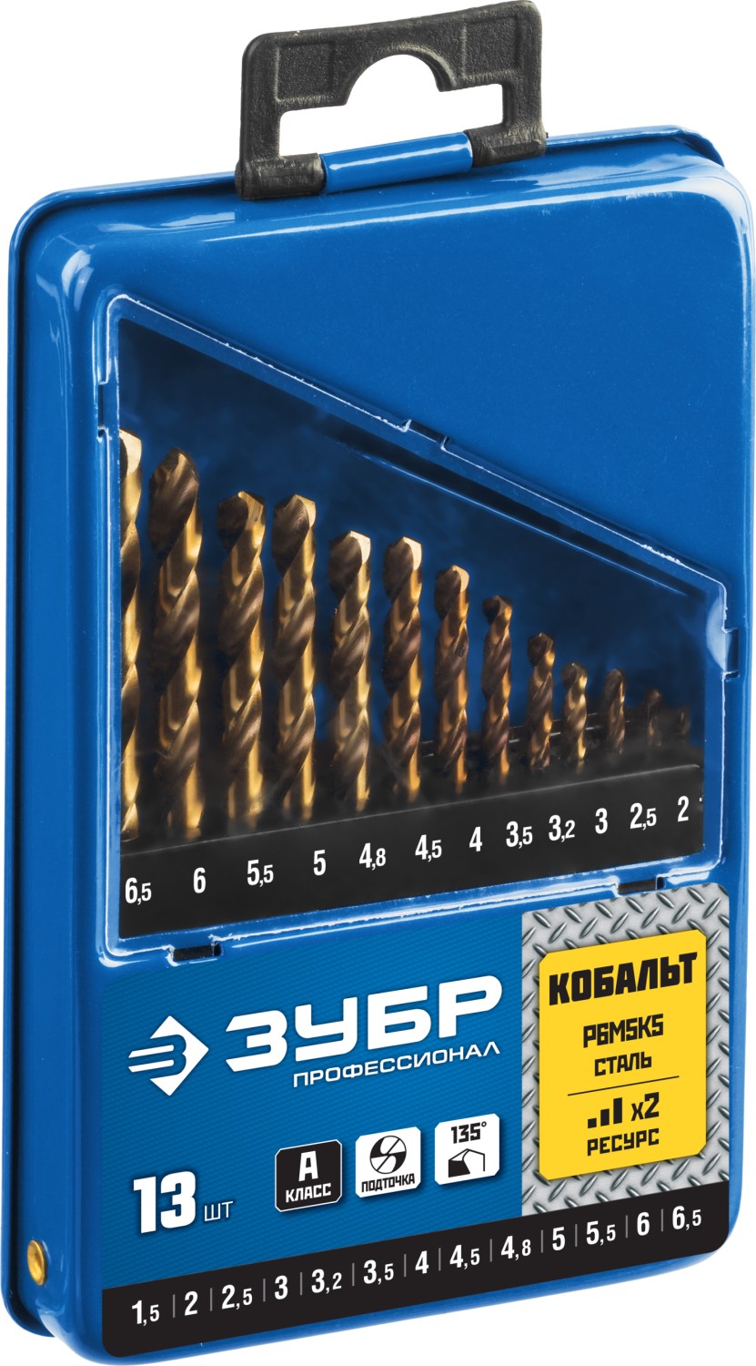 ЗУБР Кобальт, 13 шт, (1.5-6.5 мм), сталь Р6М5К5, класс А, мет.бокс, набор сверл по металлу, Профессионал (29626-H13)