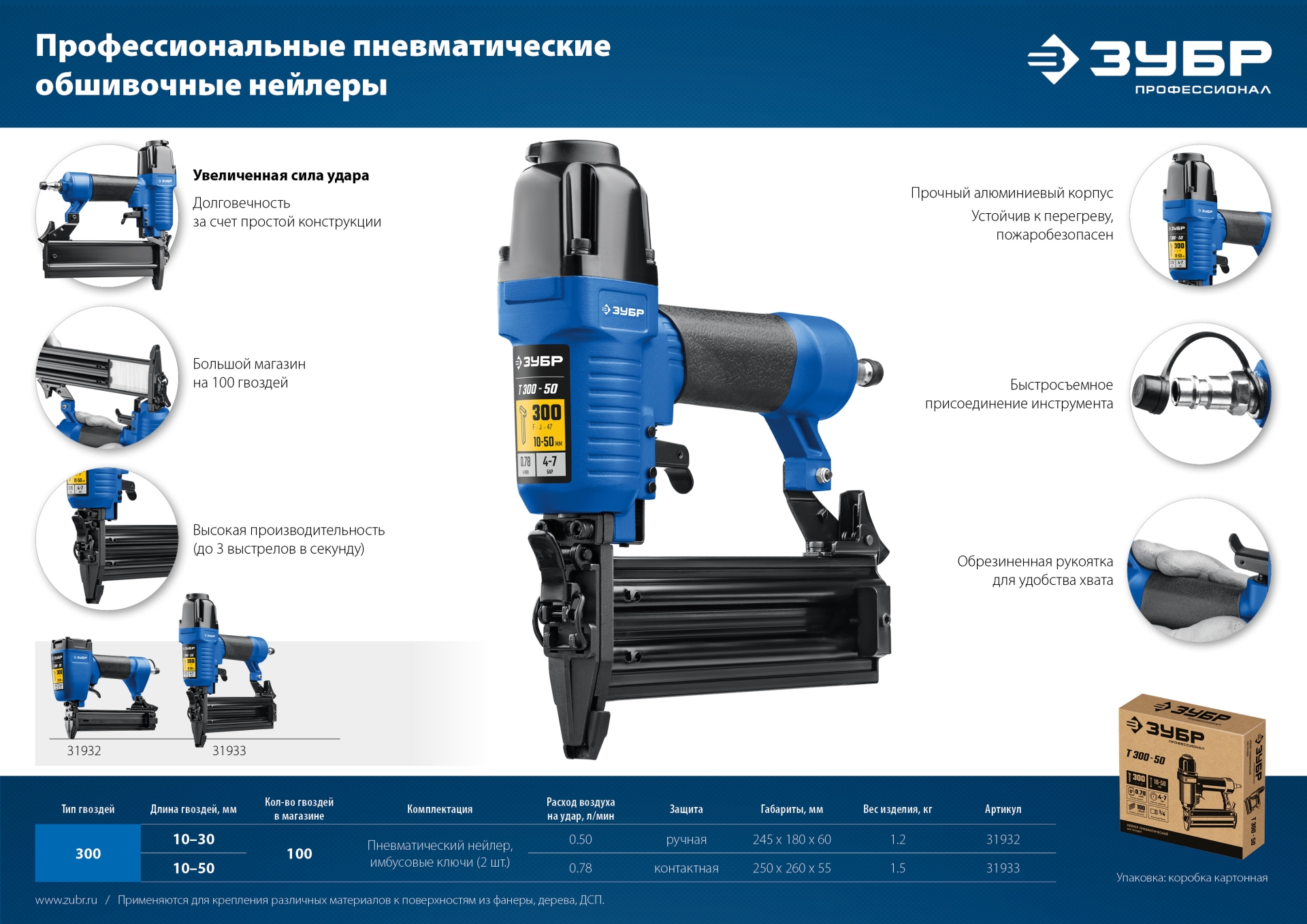 ЗУБР Т300-30 пневматический нейлер для гвоздей 18Ga, тип 300 (10-30 мм), Профессионал (31932)