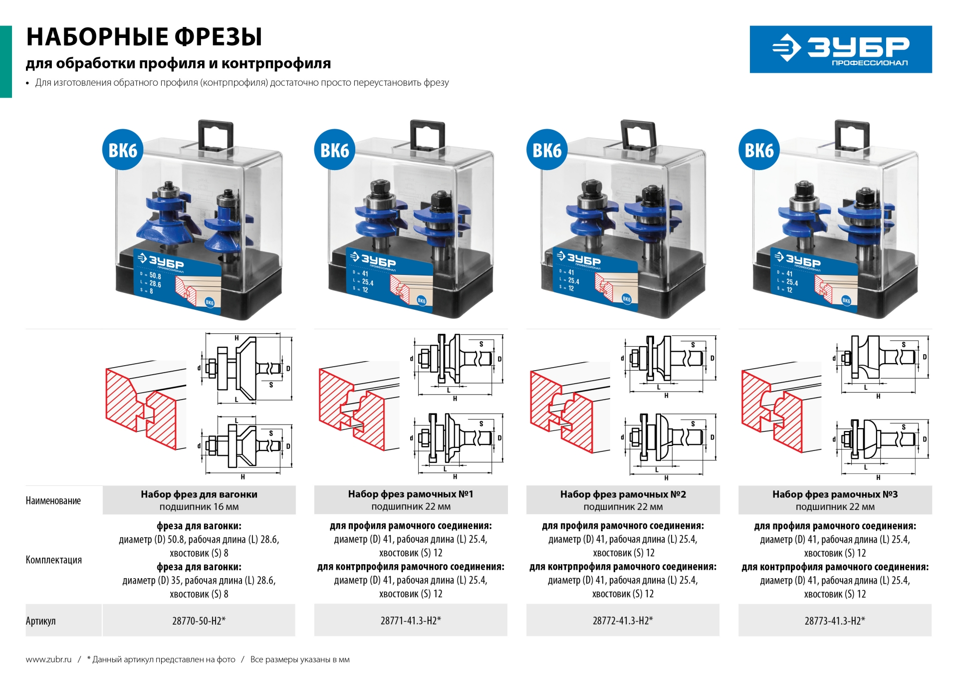 ЗУБР 50 x 30 мм, хвостовик 8 мм, набор фрез для вагонки, Профессионал (28770-50-H2)