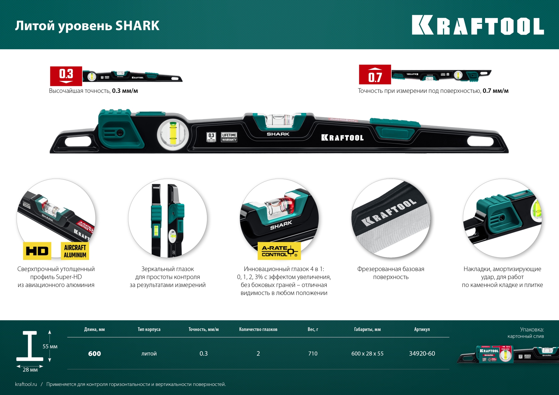 KRAFTOOL A-RATE CONTROL Shark, 600 мм, с инновационным зеркальным глазком, литой уровень (34920-60)