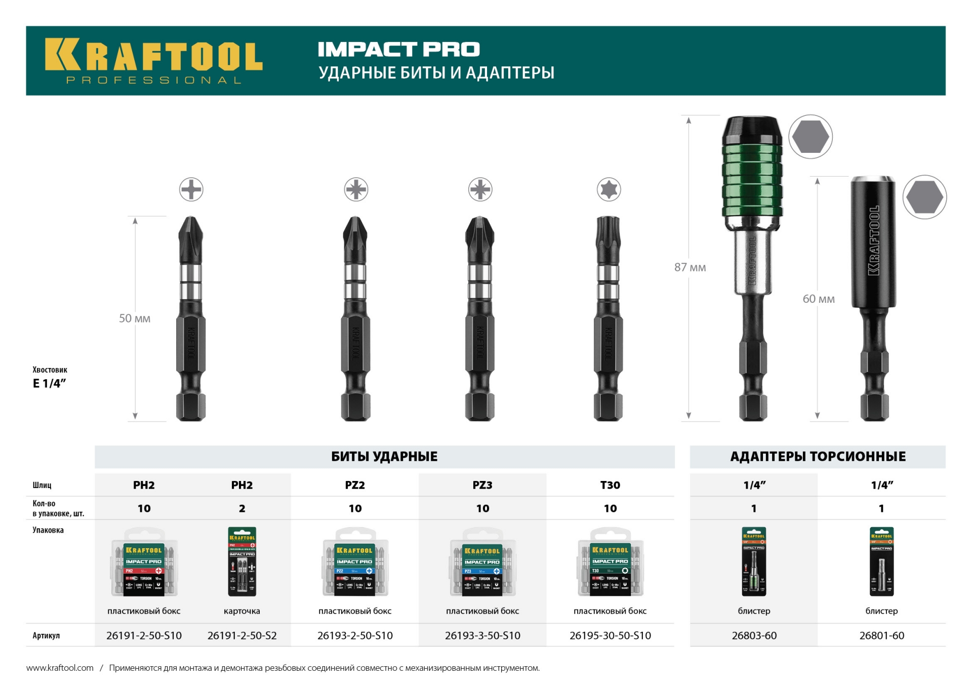 KRAFTOOL Impact PH2, 50 мм, 10 шт, ударные биты (26191-2-50-S10)
