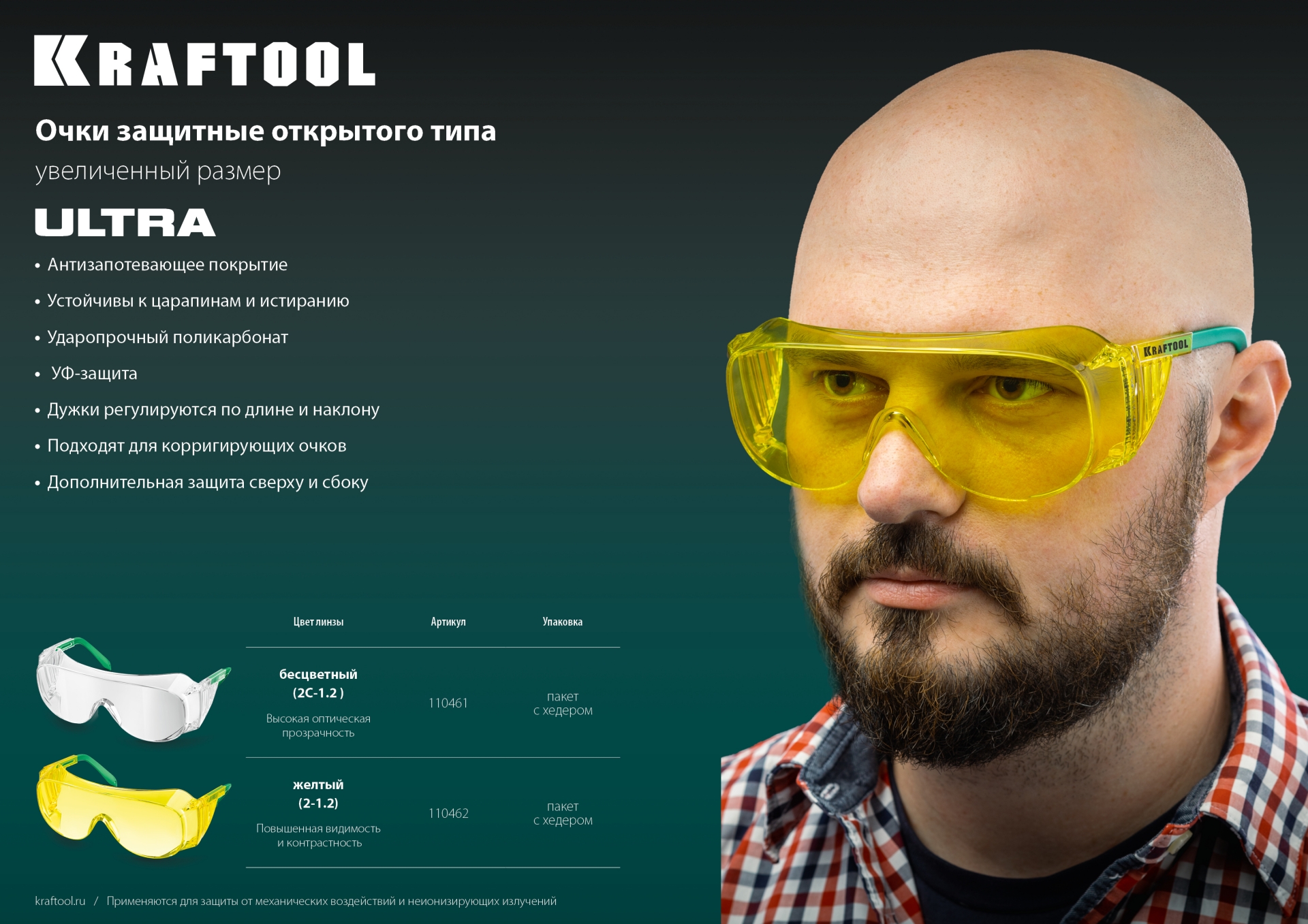 KRAFTOOL ULTRA прозрачные защитные очки, открытые, защита от царапин и запотевания, UV 380, оптический класс 1 (110461)