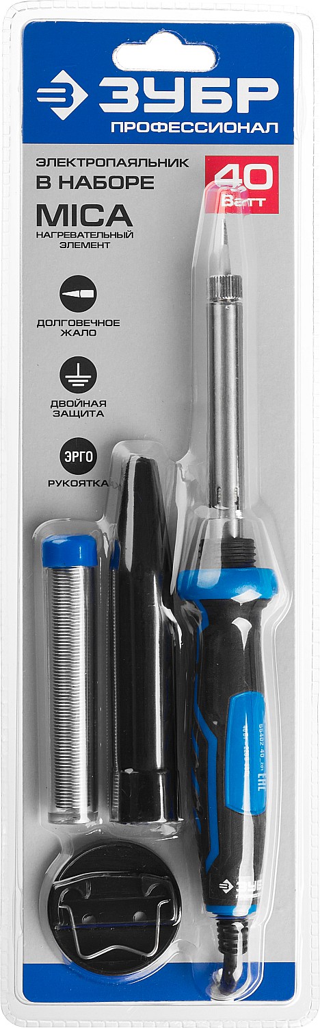 ЗУБР 40 Вт, в наборе: припой + подставка, 2к рукоятка, конус, керамический нагреватель, электропаяльник, Профессионал (55402-40)