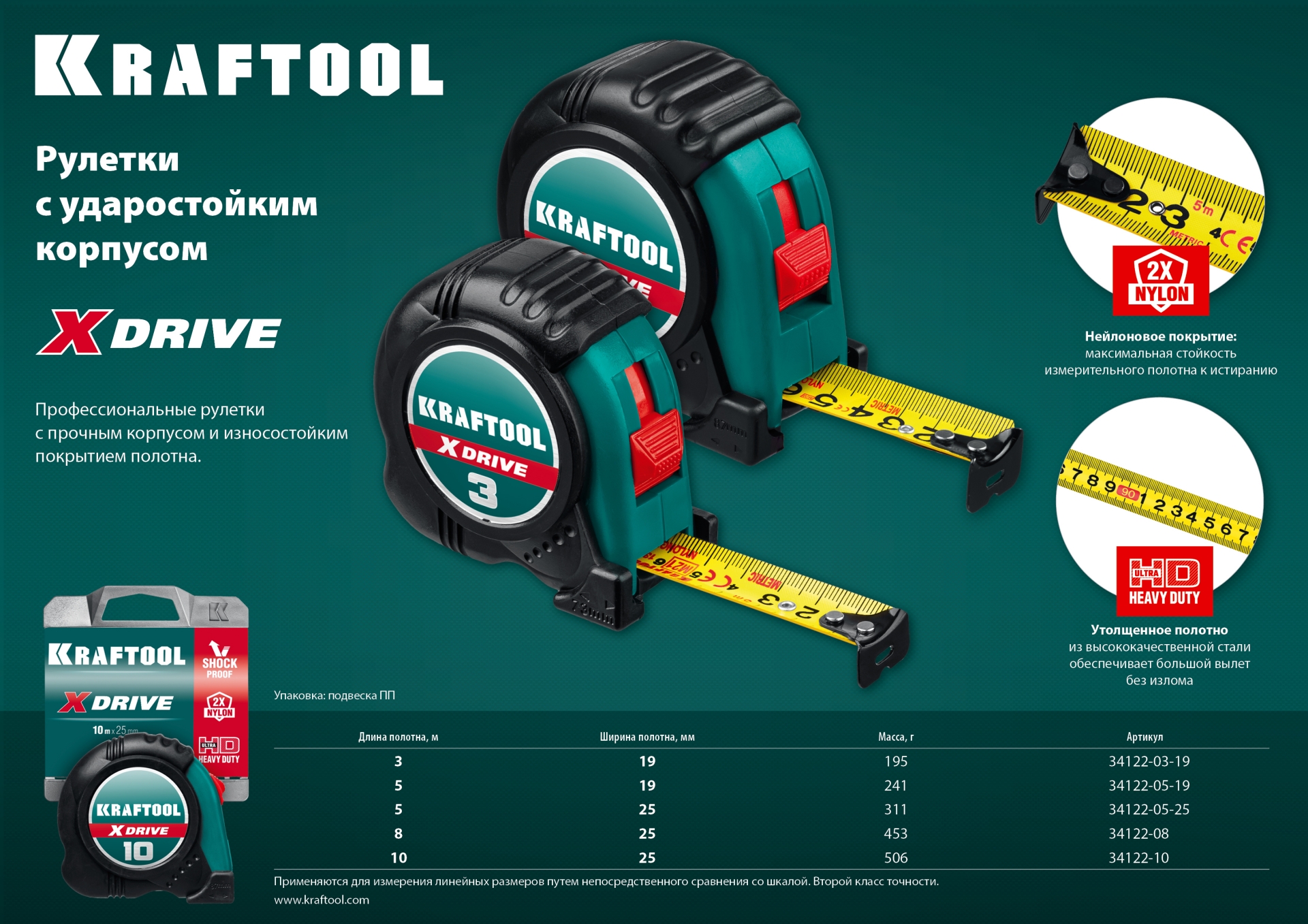 KRAFTOOL X-Drive, 10 м х 25 мм, рулетка (34122-10)