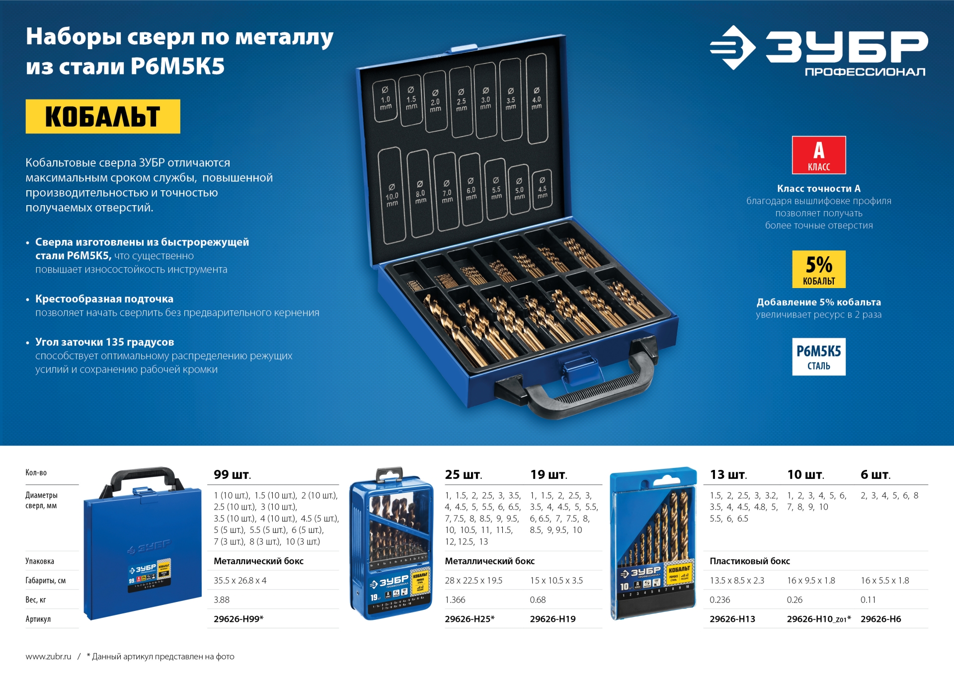 ЗУБР Кобальт, 19 шт, (1-10 мм), сталь Р6М5К5, класс А, мет.бокс, набор сверл по металлу, Профессионал (29626-H19)