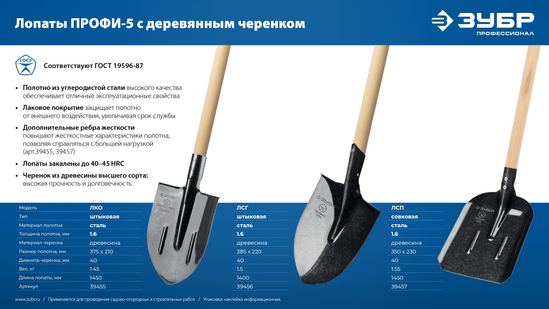 ЗУБР ПРОФИ-5, 145 см, деревянный черенок, штыковая лопата, тип ЛКО, закаленное полотно из рессорной стали с ребрами жесткости, Профессионал (39455)