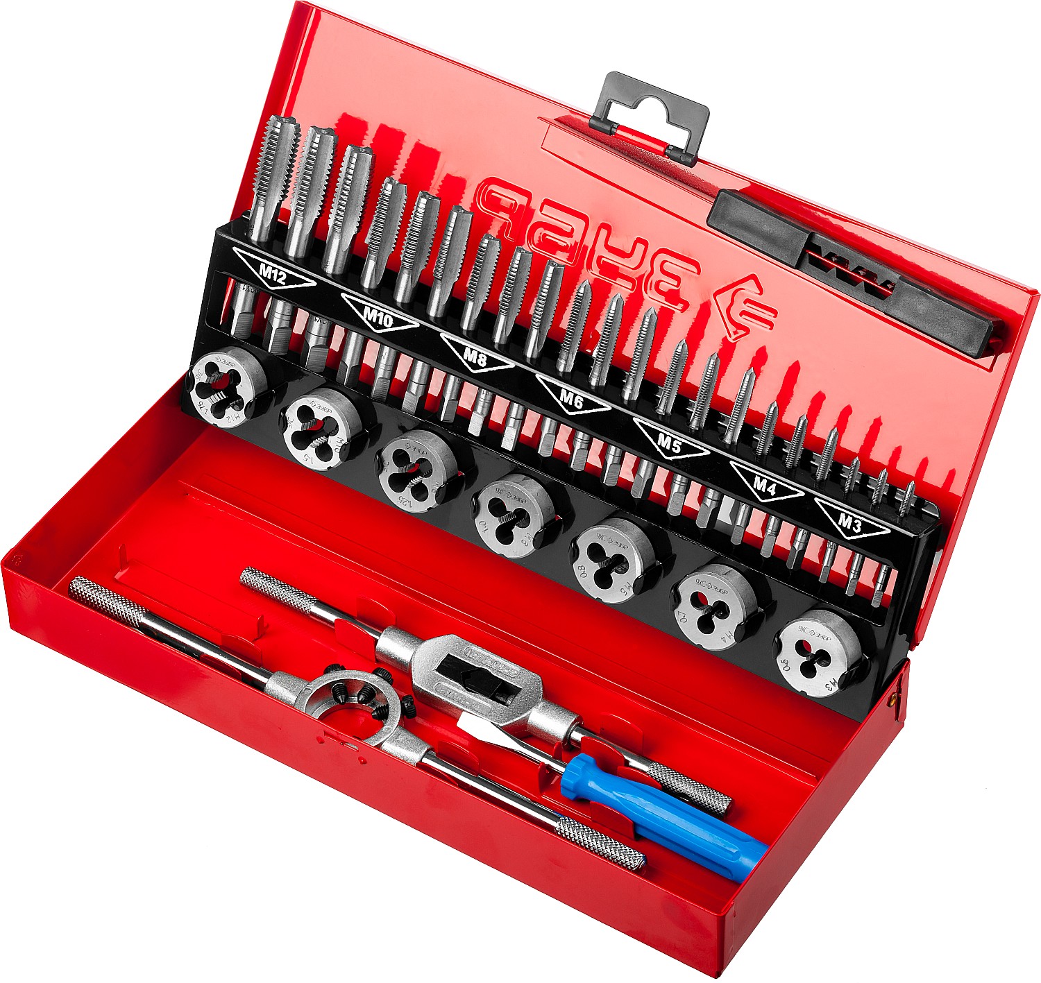 ЗУБР 32 предмета, сталь 9ХС, набор метчиков и плашек (28129-H32)