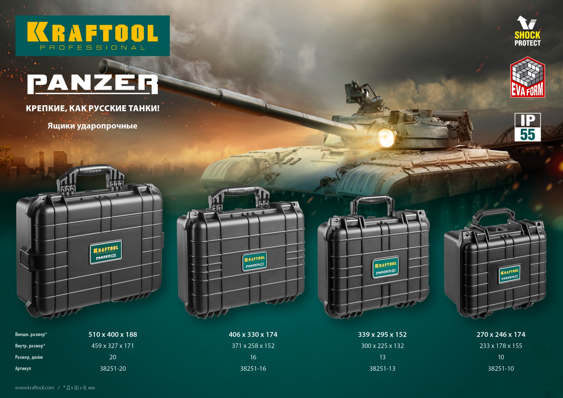 KRAFTOOL PANZER-13, 340 х 290 х 150 мм, (13″), IP55, ударопрочный пластиковый ящик (38251-13)