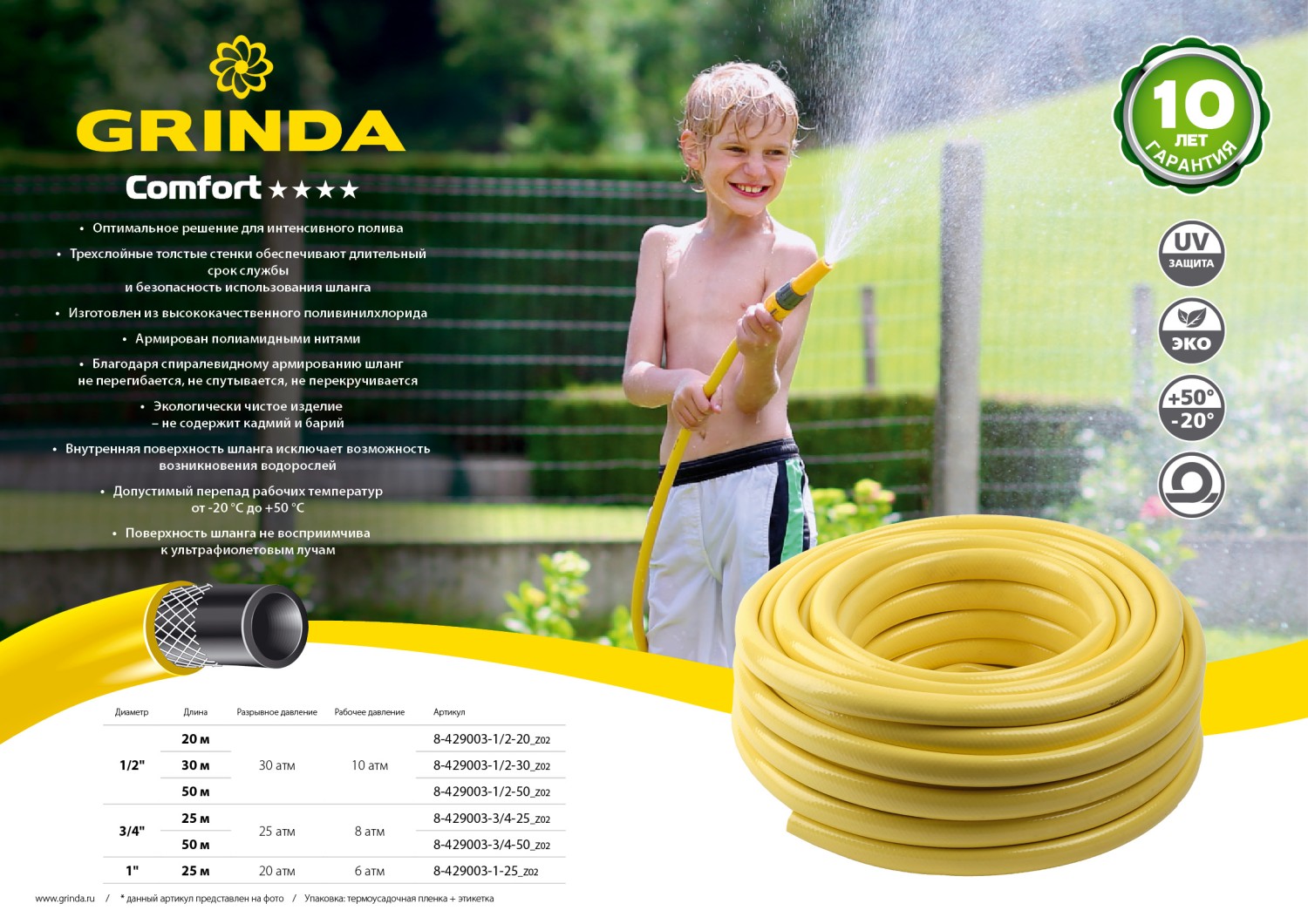 GRINDA Comfort, 1″, 25 м, 20 атм, трёхслойный, армированный, поливочный шланг (8-429003-1-25)