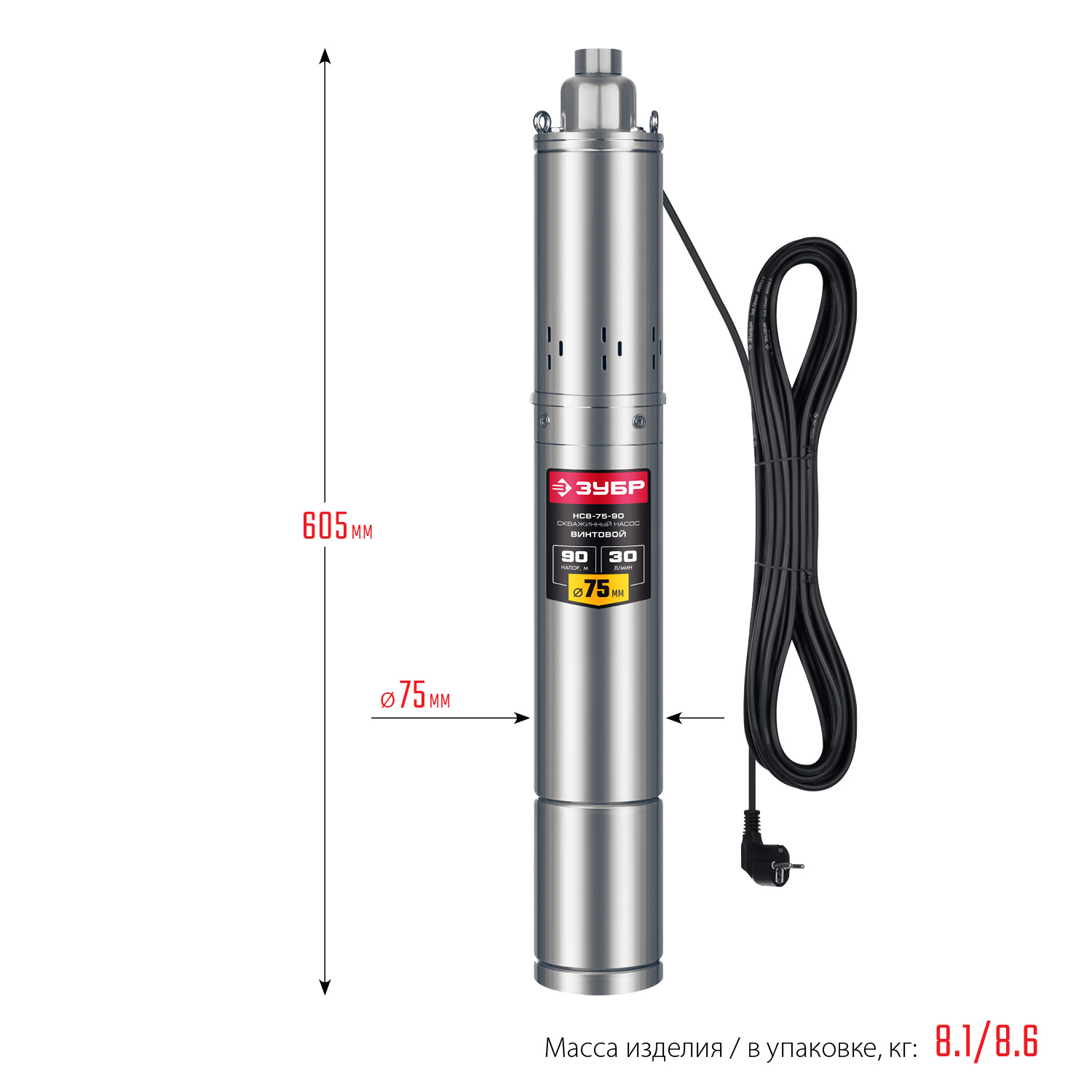 ЗУБР 550 Вт, 90 м напор, скважинный насос винтовой, корпус из нержавеющей стали (НСВ-75-90)