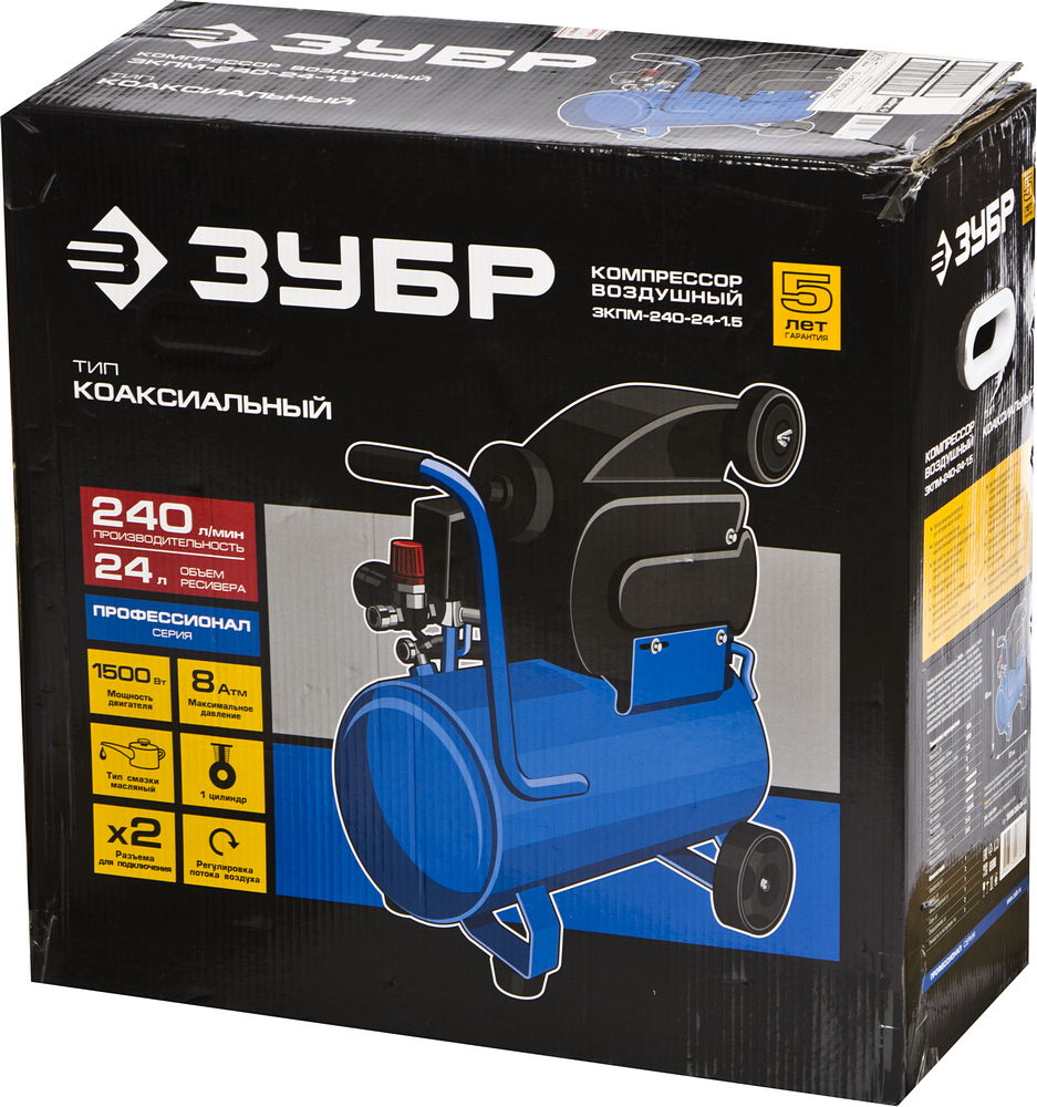 ЗУБР 240 л/мин, 24 л, 1500 Вт, масляный компрессор, Профессионал (ЗКПМ-240-24-1.5)