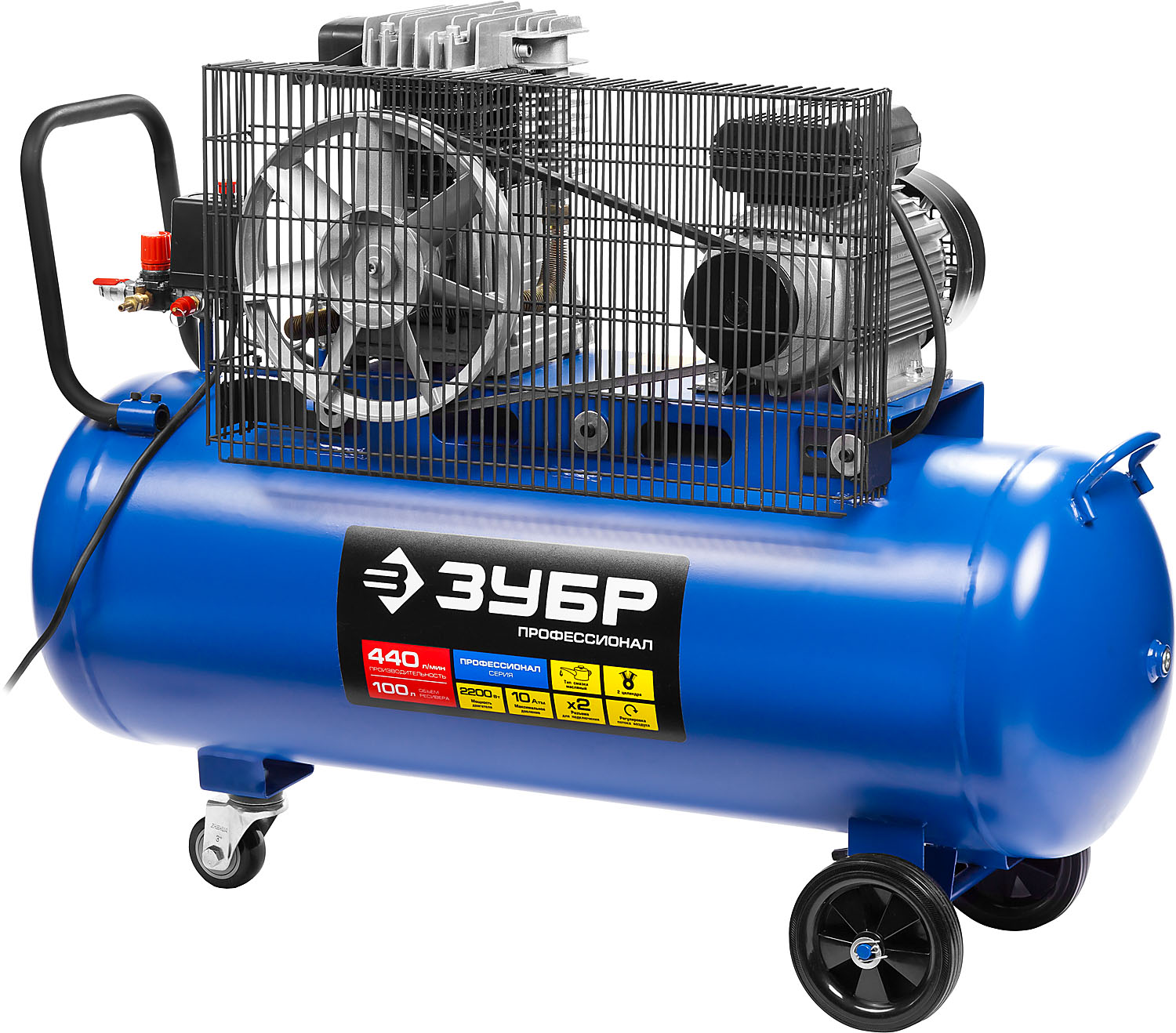 ЗУБР 440 л/мин, 100 л, 2200 Вт, ременной масляный компрессор, Профессионал (ЗКПМ-440-100-Р-2.2)