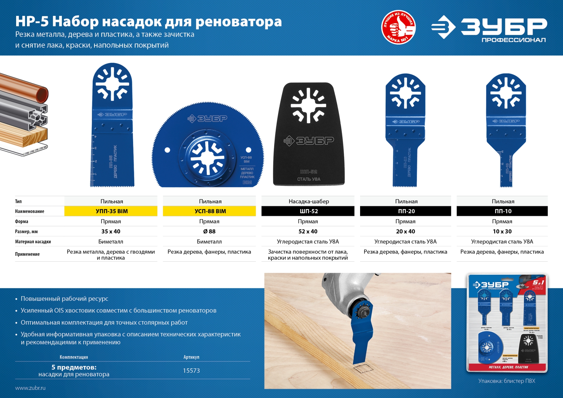 ЗУБР НР-5 UniLock, OIS-хвост., 5 предм., набор насадок для реноватора, Профессионал (15573)