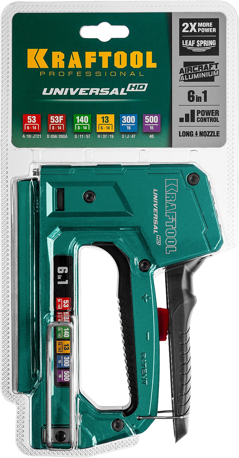 KRAFTOOL Universal-HD, 6-в-1: 53 (A/10/JT21) 23GA (6 - 14 мм)/140 (G/11/57) 20GA (8 - 14 мм)/13/53F/300/500, универсальный алюминиевый степлер (3188)