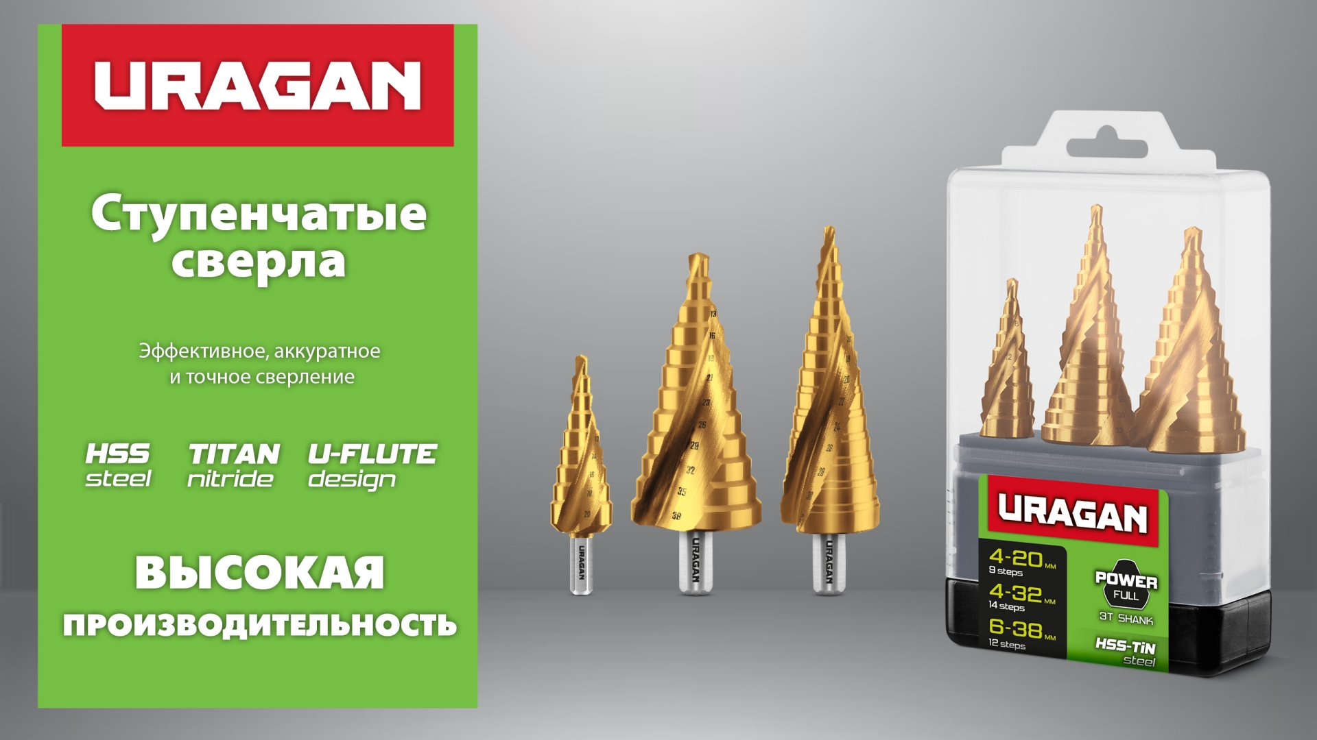 URAGAN 4-12мм, 9 ступеней, винтовая спираль, сверло ступенчатое(29658-4-12-9)