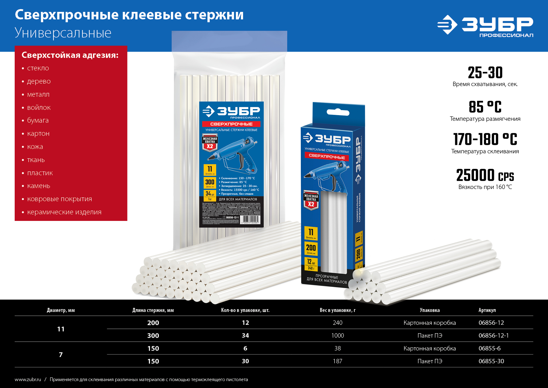 ЗУБР 7 х 150 мм, 6 шт, сверхпрочные прозрачные клеевые стержни, Профессионал (06855-6)