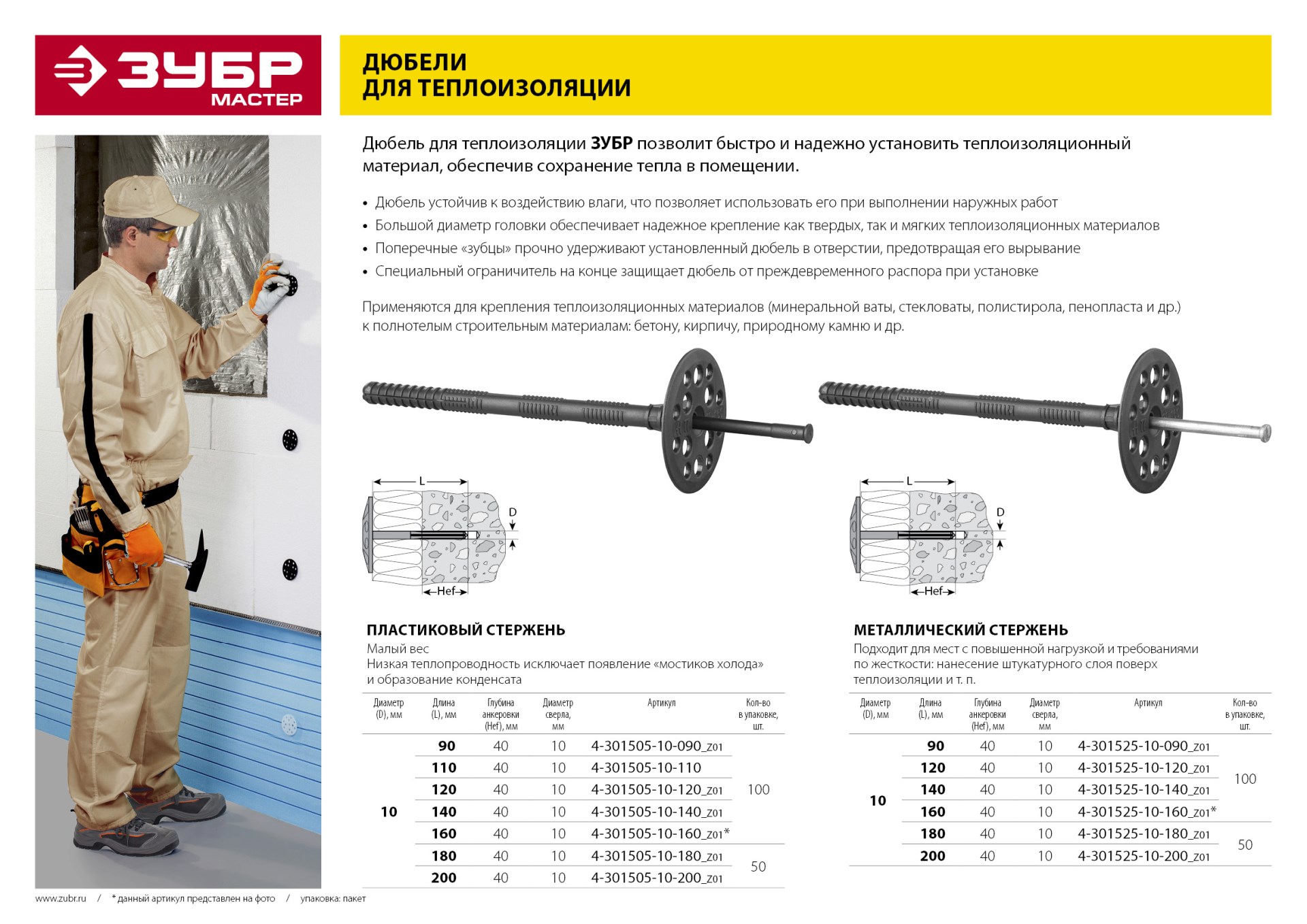 ЗУБР 10 х 140 мм, пластиковый стержень, 100 шт, дюбель для изоляционных материалов (4-301505-10-140)