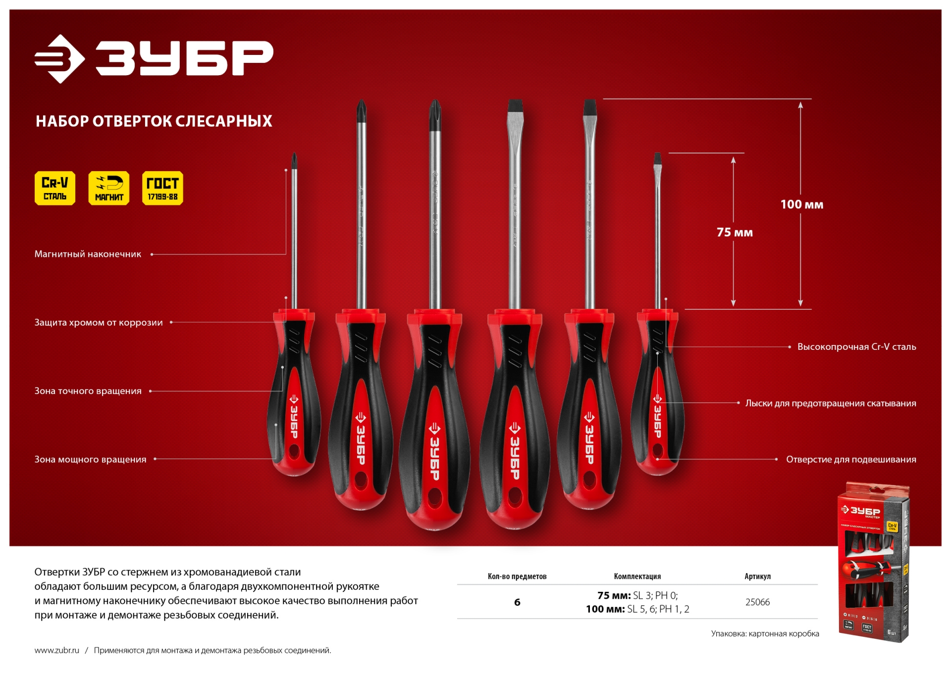 ЗУБР Мастер-6, 6 предм, набор отвёрток (25066)