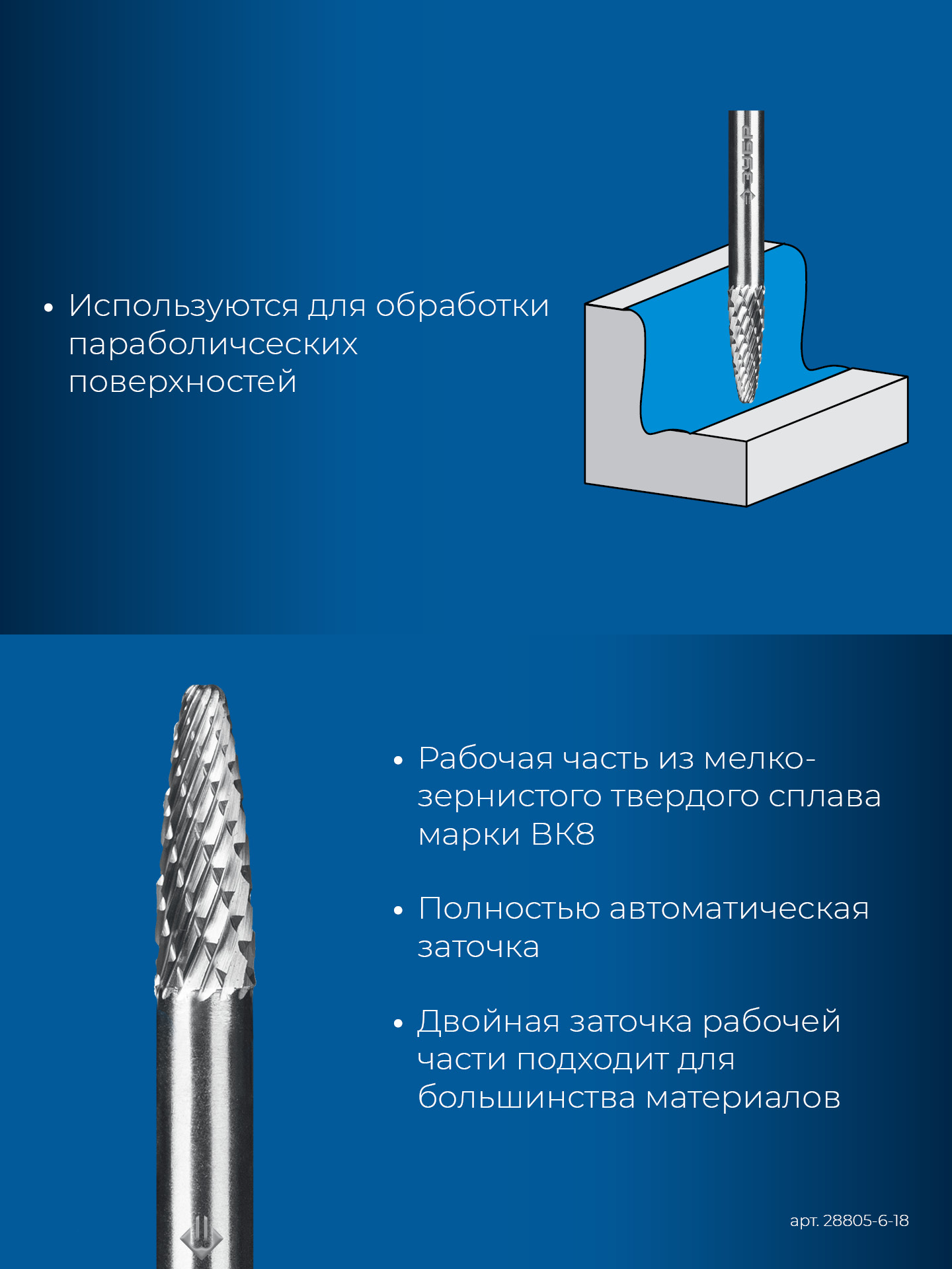 ЗУБР 6х18 мм, тип F (парабола с закругленным углом, радиус 1.5 мм), хв-к 6 мм, твердосплавная борфреза, ПРОФЕССИОНАЛ (28805-6-18)