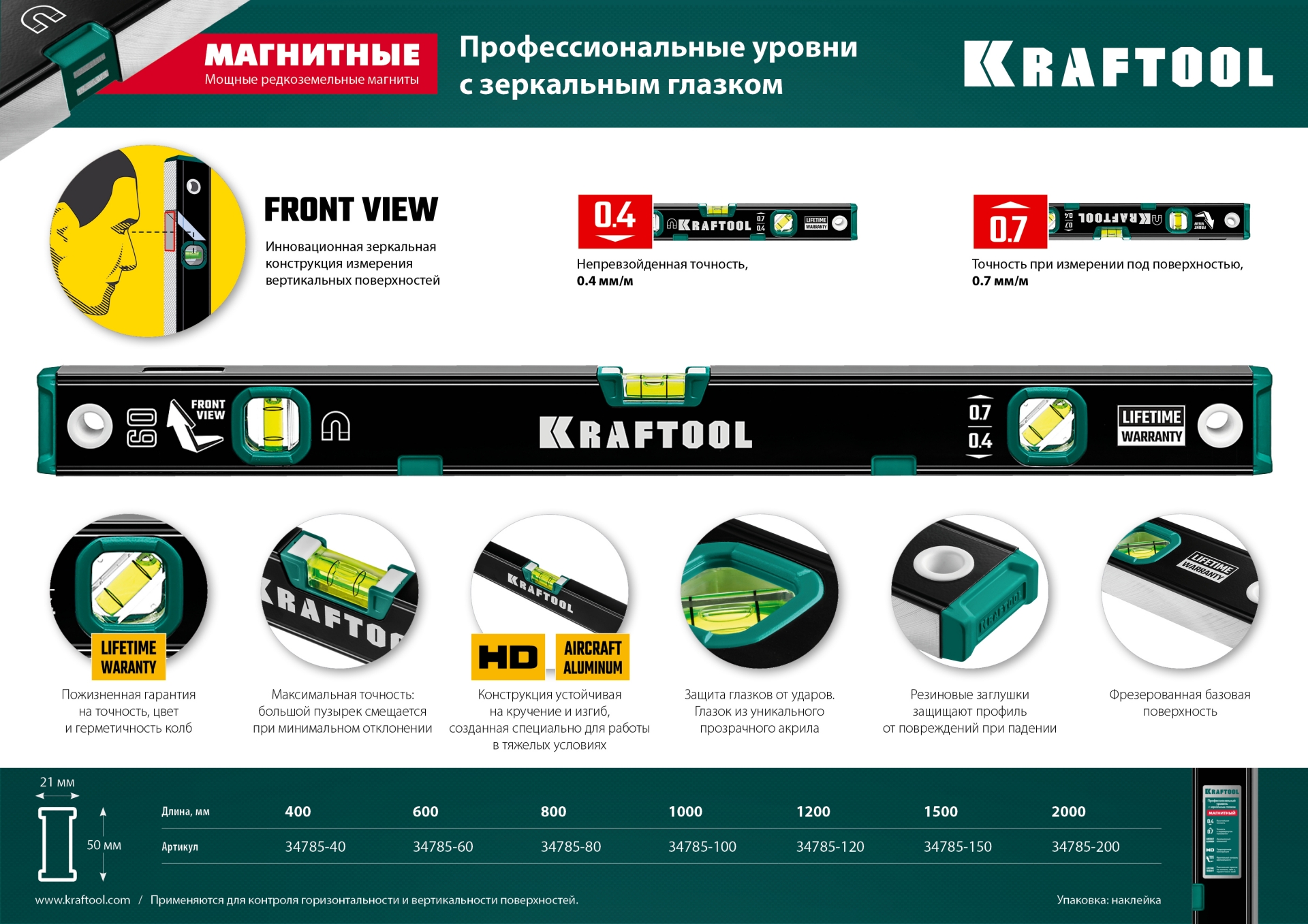 KRAFTOOL 2000 мм, усиленный профиль, с зеркальным глазком, магнитный уровень (34785-200)
