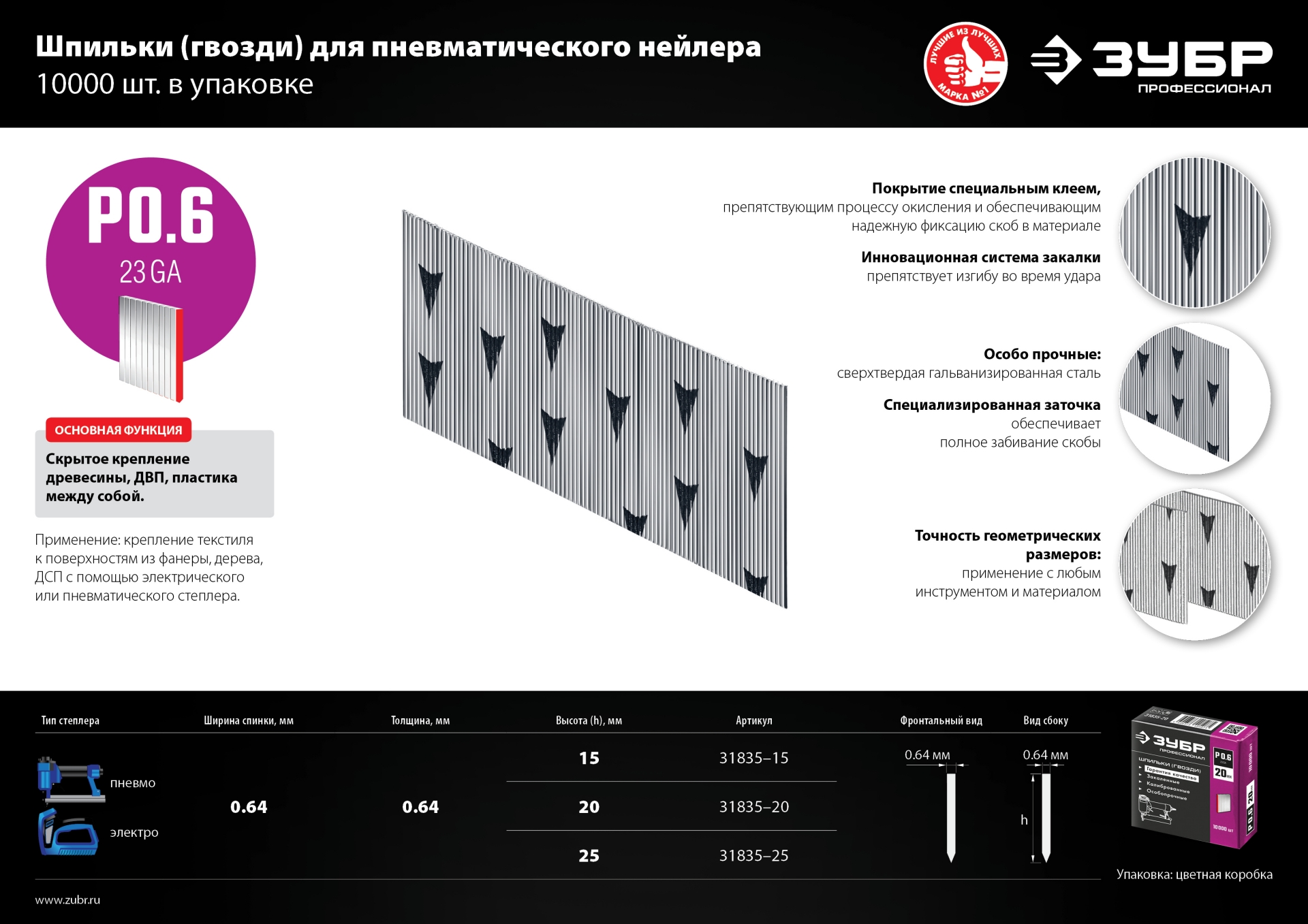 ЗУБР шпильки тип P0.6, 20 мм, калибр 23GA. 10 000 шт. Профессионал (31835-20)