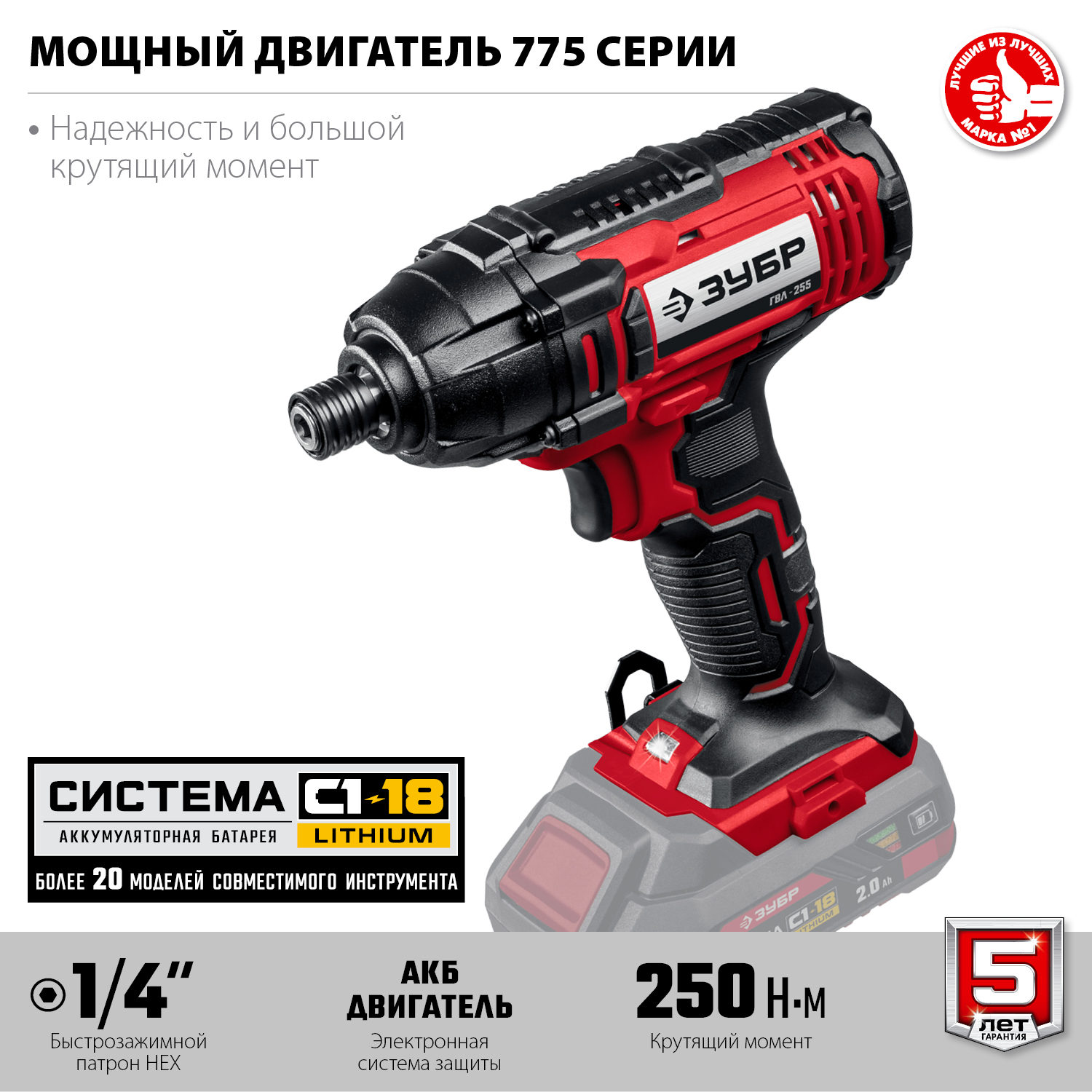 ЗУБР С1-18, 18 В, 250 Н·м, без АКБ, винтоверт ударный (ГВЛ-255)