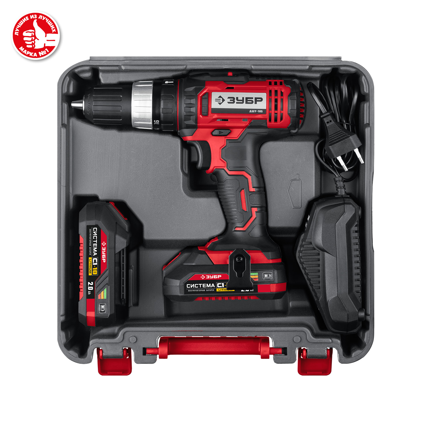 ЗУБР С1-18, 18 В, 40 Н·м, 2 АКБ (2 А·ч), ударная дрель-шуруповерт, кейс (ДШУ-185-22)
