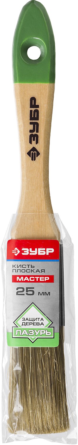 ЗУБР ЛАЗУРЬ, 25 мм, 1″, светлая смешанная щетина, деревянная ручка, для высокотекучих ЛКМ, плоская кисть (4-01009-025)