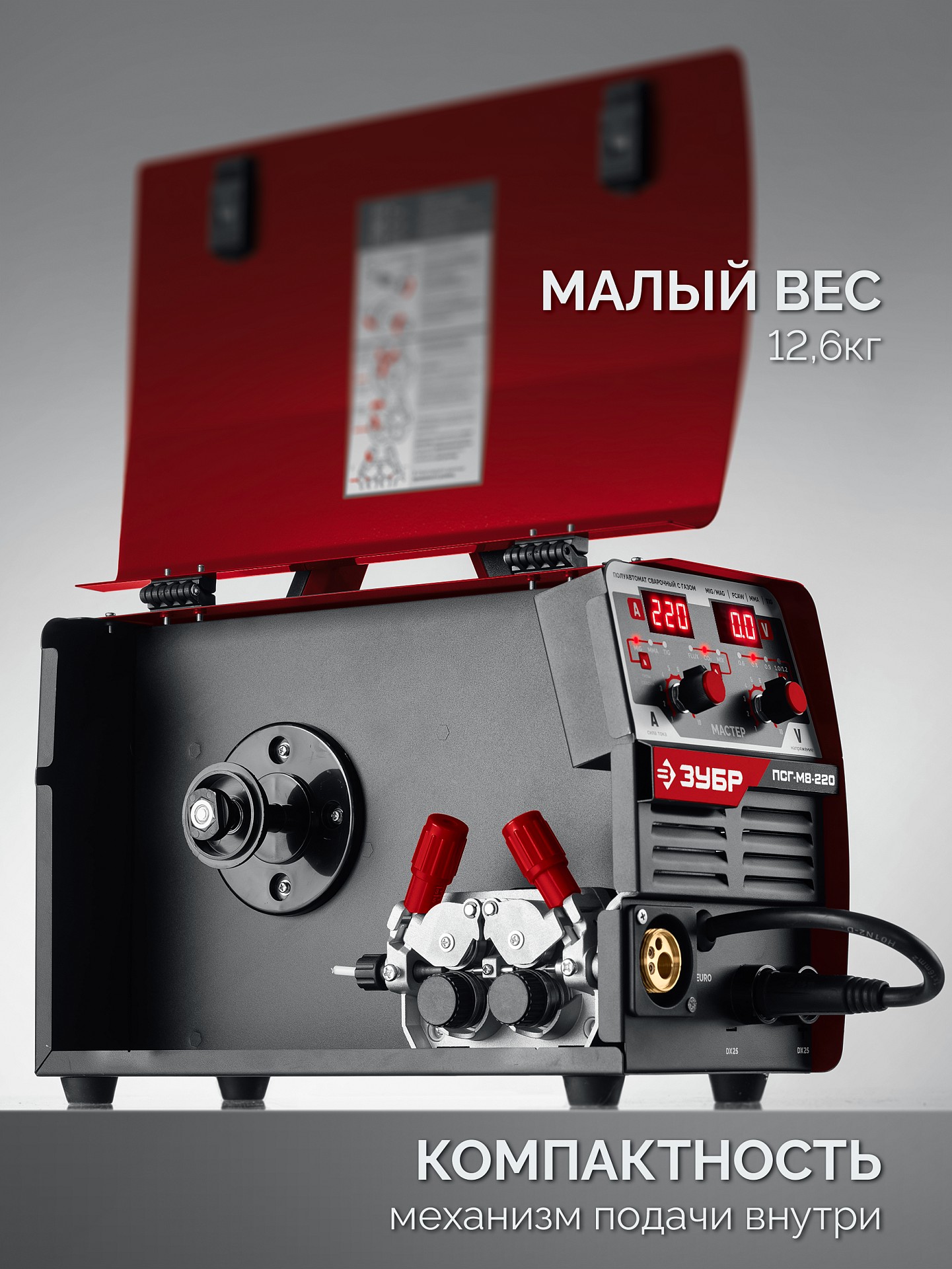 ЗУБР MASTER, MIG / MAG, FCAW, MMA, TIG, 220 А, полуавтомат сварочный, с газом / без газа, горелка ПСГ-220 (ПСГ-М8-220)