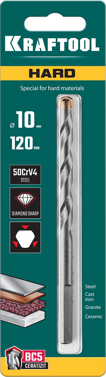 KRAFTOOL Hard, 10 х 120 мм, тв.сплав ВС5, сверло специальное по твёрдым материалам (29177-120-10)