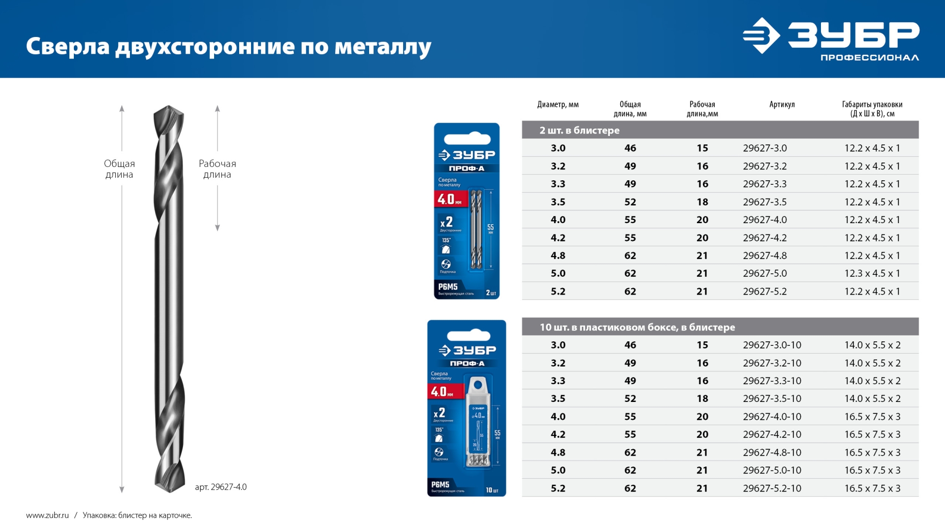 ЗУБР Проф-А 5.0х62мм, сверло двухстороннее по металлу, сталь Р6М5, класс А, 10шт, Профессионал (29627-5.0-10)