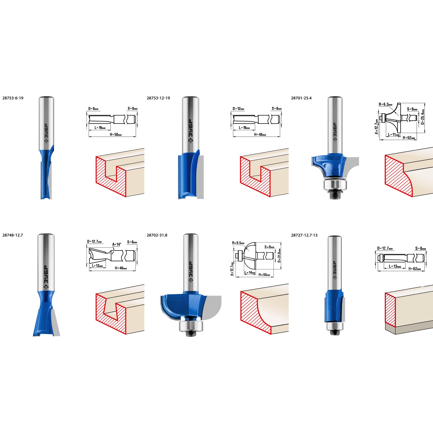 ЗУБР 6 шт, набор профильных фрез по дереву, Профессионал (28795-H6)