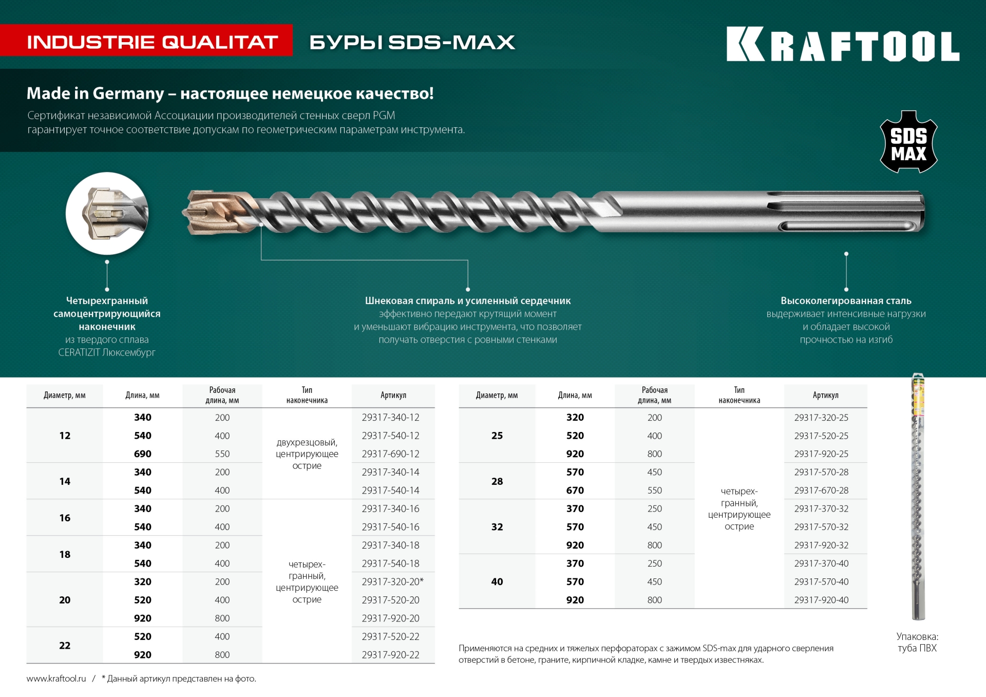KRAFTOOL Industrie Qualit, 40 x 250/370 мм, SDS-max бур (29317-370-40)