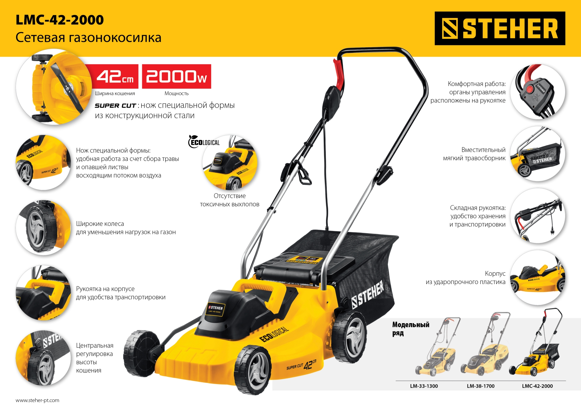 STEHER 2000 Вт, ш/с 42 cм, сетевая газонокосилка (LMC-42-2000)