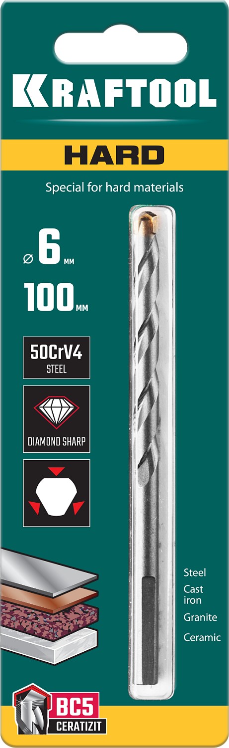KRAFTOOL Hard, 6 х 100 мм, тв.сплав ВС5, сверло специальное по твёрдым материалам (29177-100-6)