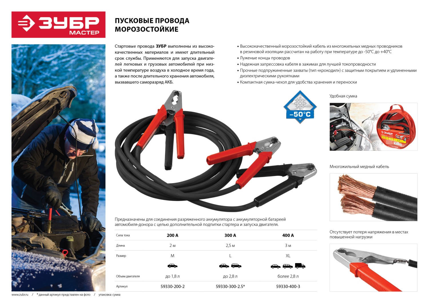 ЗУБР 400 А, 3 м, пусковые морозостойкие провода (59330-400-3)