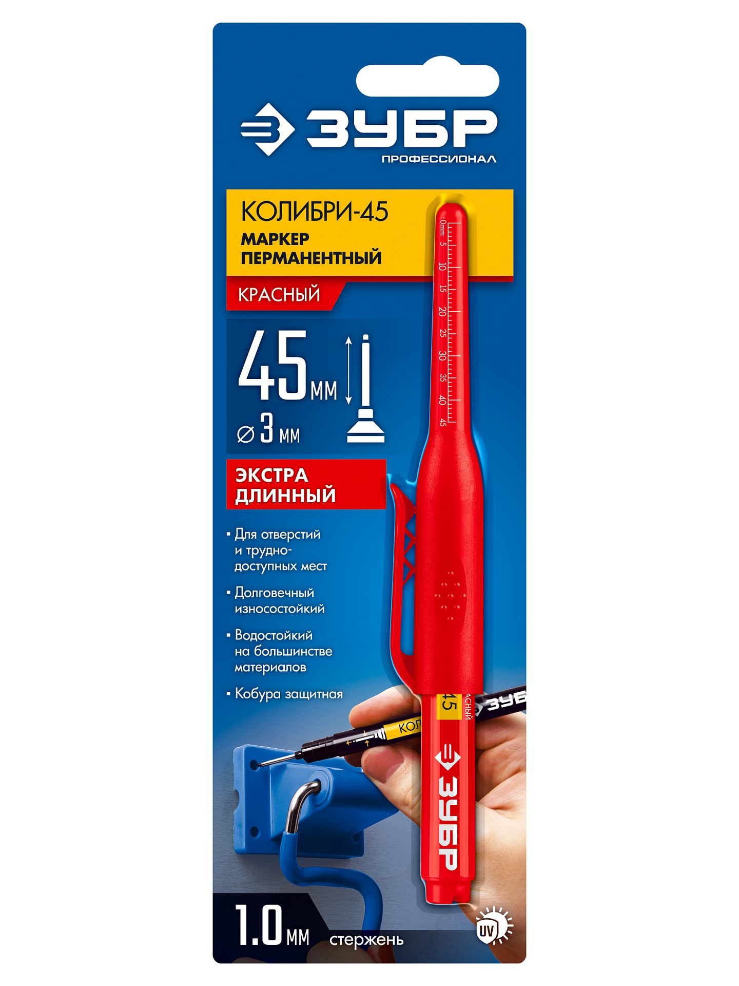ЗУБР Колибри-45 красный, наконечник L 45 мм, ᴓ 3 мм, перманентный маркер для отверстий (06339-3)