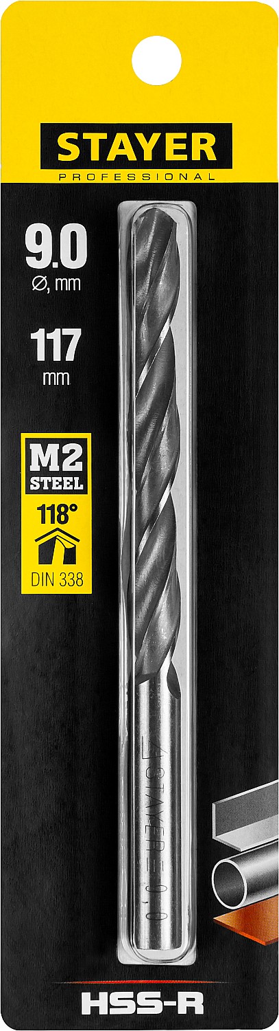 STAYER HSS-R, 9.0 х 125 мм, быстрорежущая сталь P6M5, сверло по металлу, Professional (29602-9)